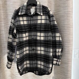 HM Wool Blend Plaid Shacket Black White Grey XS Oversized Shirt‎ Jacket farmcore